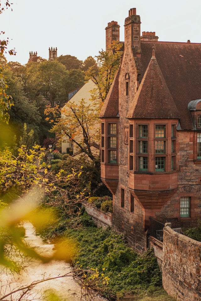 An autumn tree canopy over a stone lodge representing Birch Lodge's woodland setting