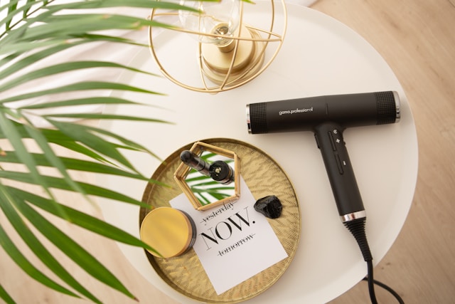 Styling tools and products arranged on a tray, ready for an appointment